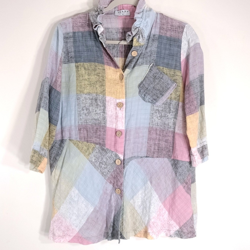 Terra Multi-Color Button Up Shirt; Ruffle Collar Plaid; Made in Korea